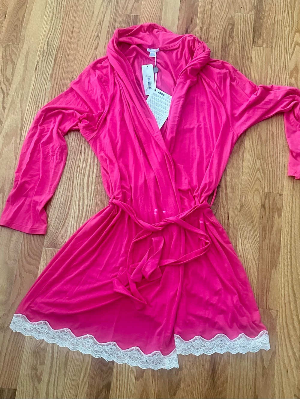 EBERJEY NWT Size L Hot Pink Soft and Cozy Women's Lace-Trim Robe with Tie Waist